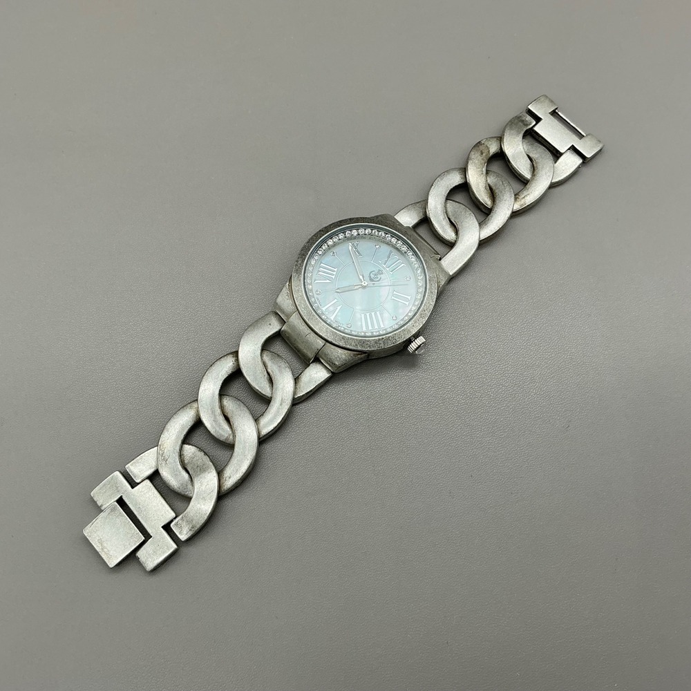 Premier Designs Watch Women's Silver Chunky Chain MOP Crystal Bezel NEW BATTERY